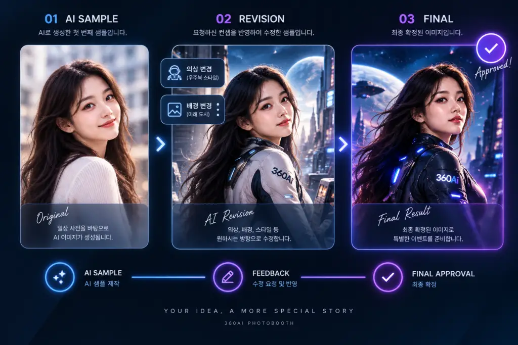 AI 포토부스 샘플 제작부터 의상과 배경 수정 및 최종 이미지 확정까지의 과정