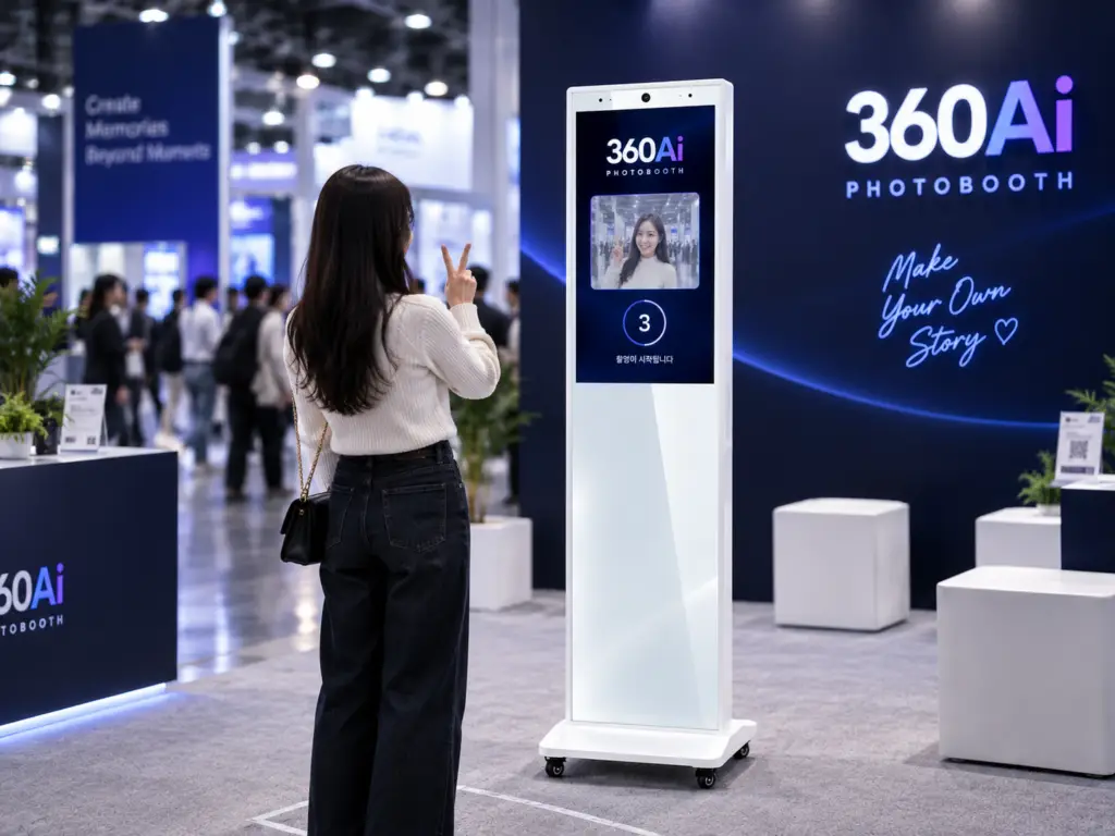 행사장에서 360 AI 포토부스 키오스크로 사진을 촬영하는 모습